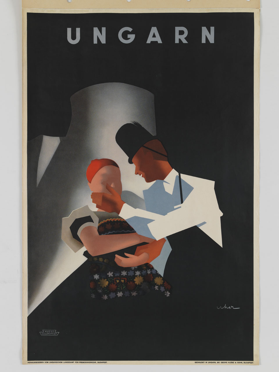 uomo abbozza una carezza ad una donna in abito tradizionale con decorazione floreale (manifesto) di Uher Arisztid (sec. XX)