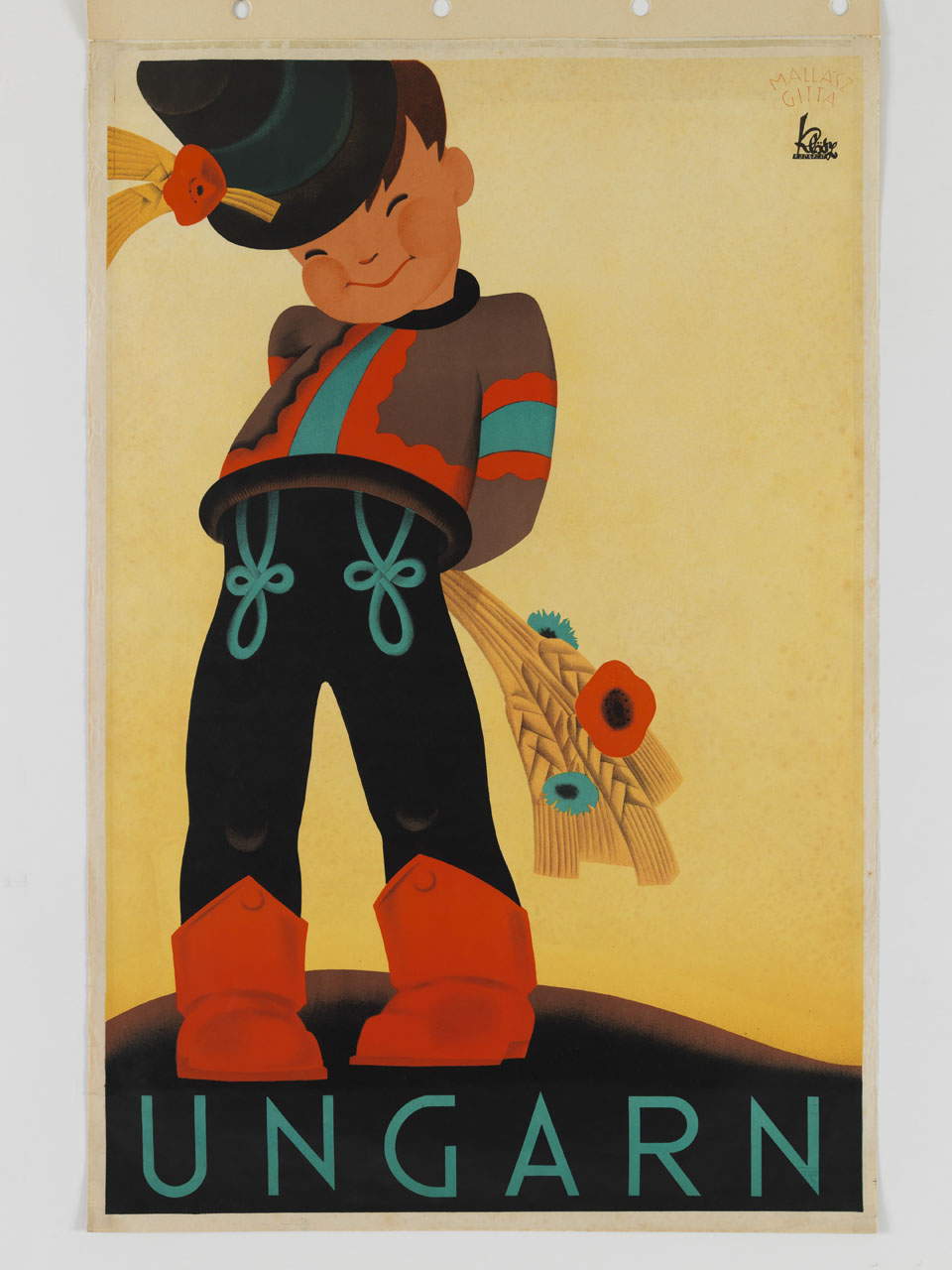 bambino in costume tradizionale sorride tenendo dietro la schiena alcune spighe di grano (manifesto) di Mallasz Gitta (sec. XX)
