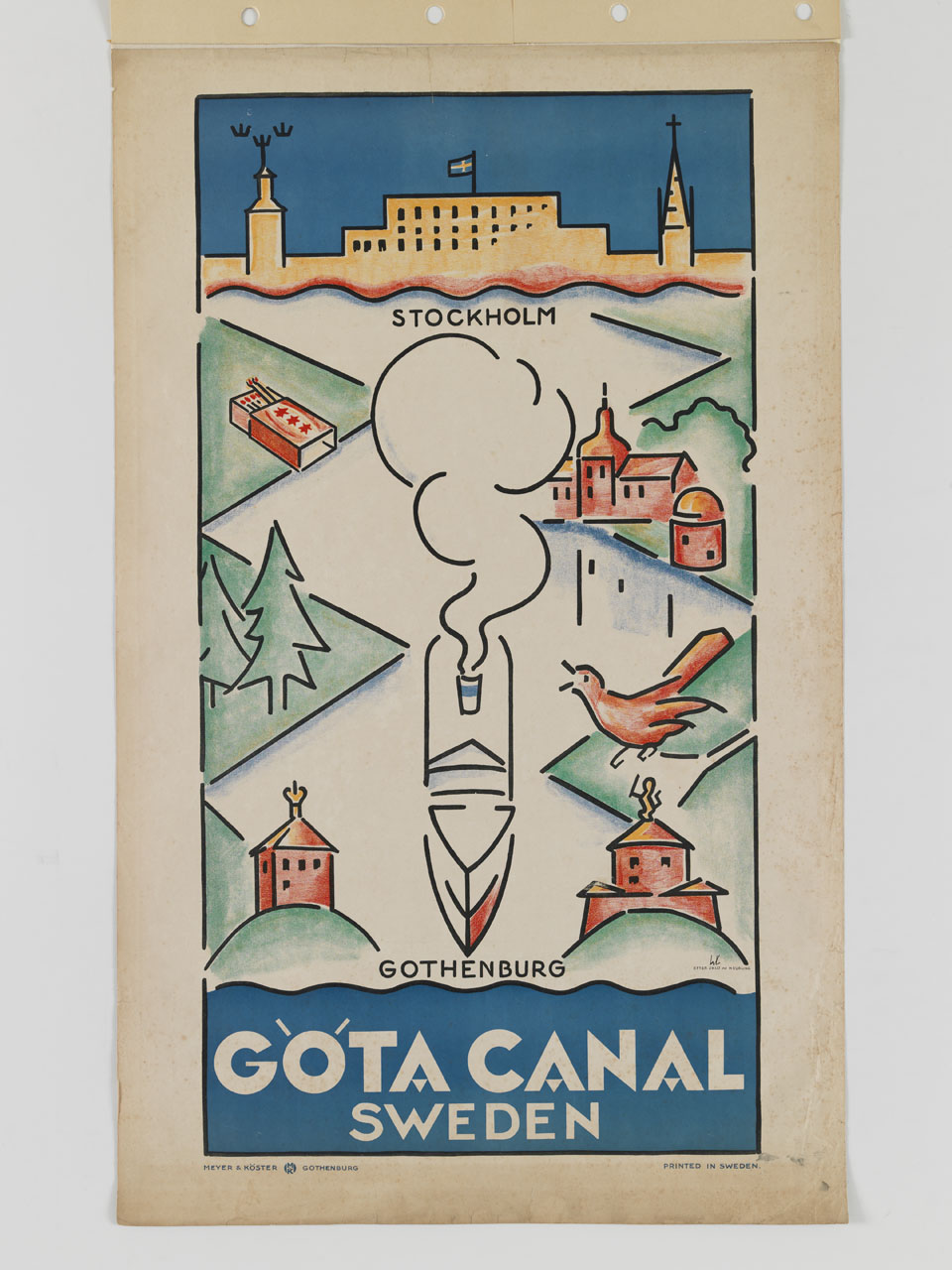 un battello fumante percorre il canale di Göta tra Stoccolma e Goteborg (manifesto) - svedese (sec. XX)