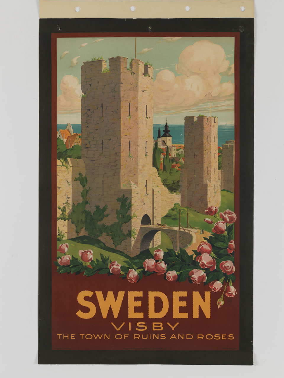 la cinta muraria di Visby tra rose in fiore (manifesto) di Gull Ivar (sec. XX)