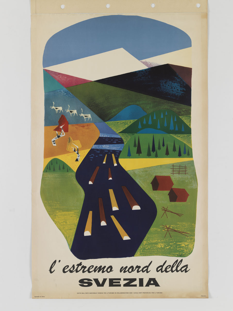 composizione astratta con paesaggio nordico, fiume, tronchi galleggianti renne e montagne (manifesto) di Krede S - ambito svedese (sec. XX)