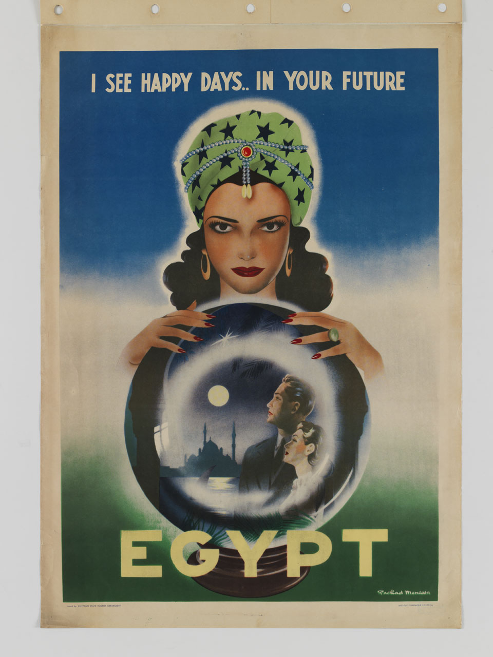 chiaroveggente posa le mani sulla visione romantica di una sfera di cristallo (manifesto) di Menassa Rachad (sec. XX)