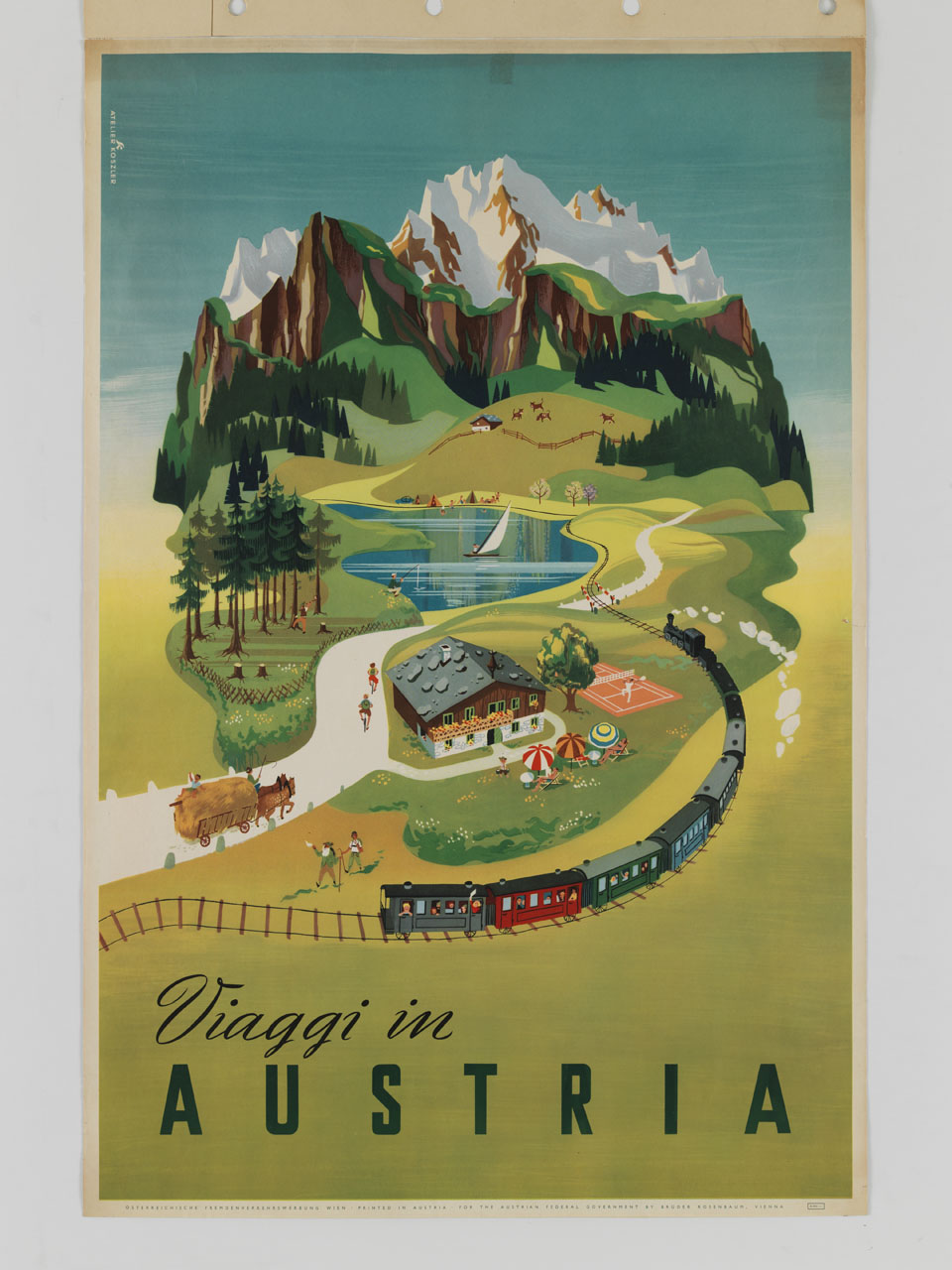 paesaggio alpino di fantasia con scene di vacanza, treno, malghe, laghetto, campeggio e cime innevate (manifesto) di Atelier Koszler (sec. XX)