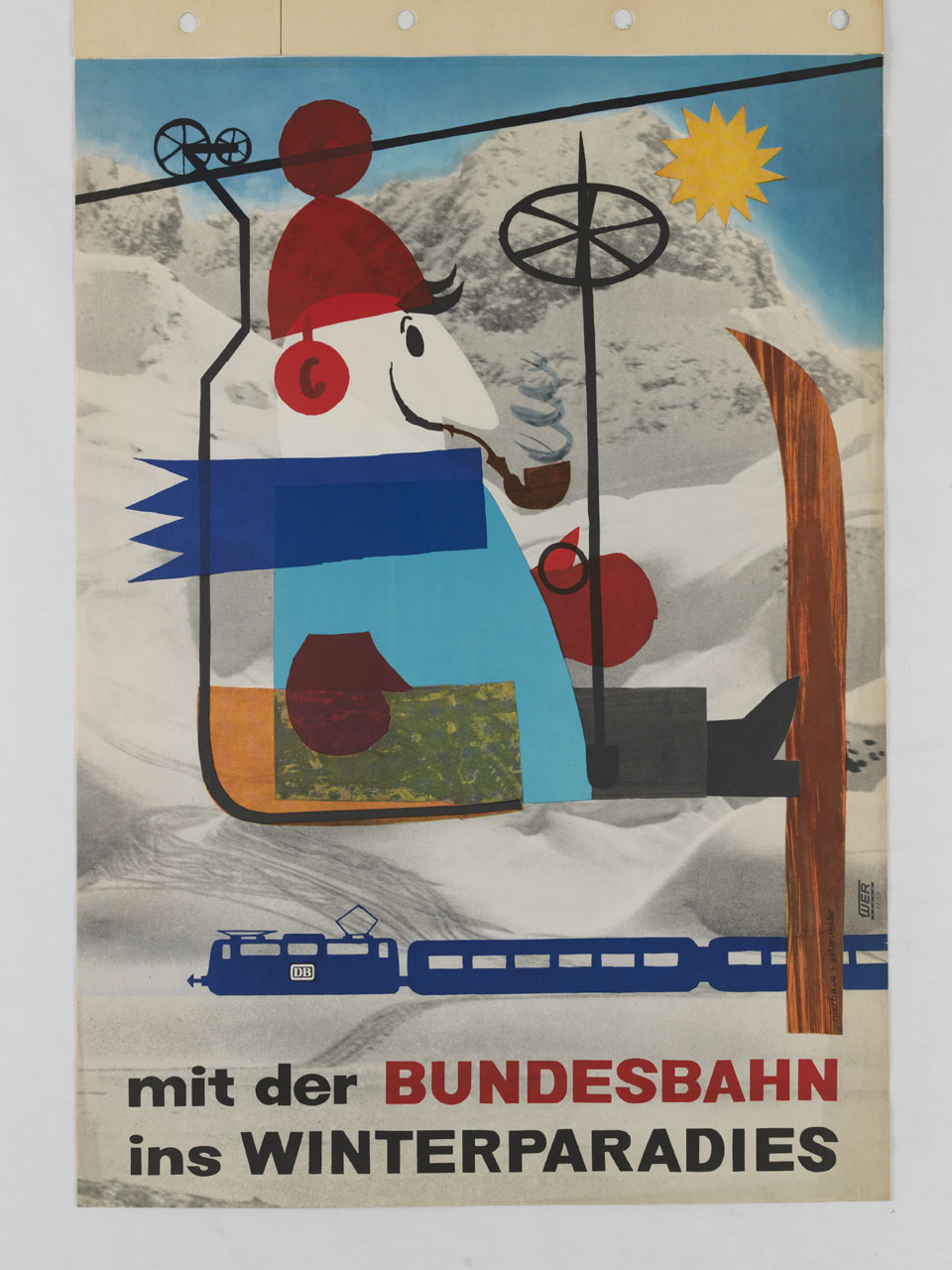 sciatore su seggiovia sullo sfondo di un nevaio e di un treno stilizzato (manifesto) di Nierhaus Estenfelder - ambito tedesco (sec. XX)