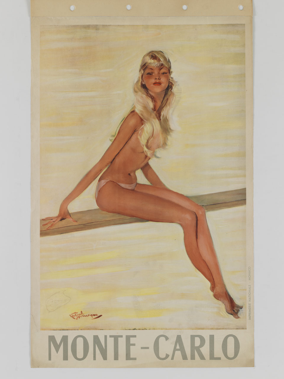 ragazza in topless seduta su un asse di legno (manifesto) di Domergue Jean-Gabriel (sec. XX)