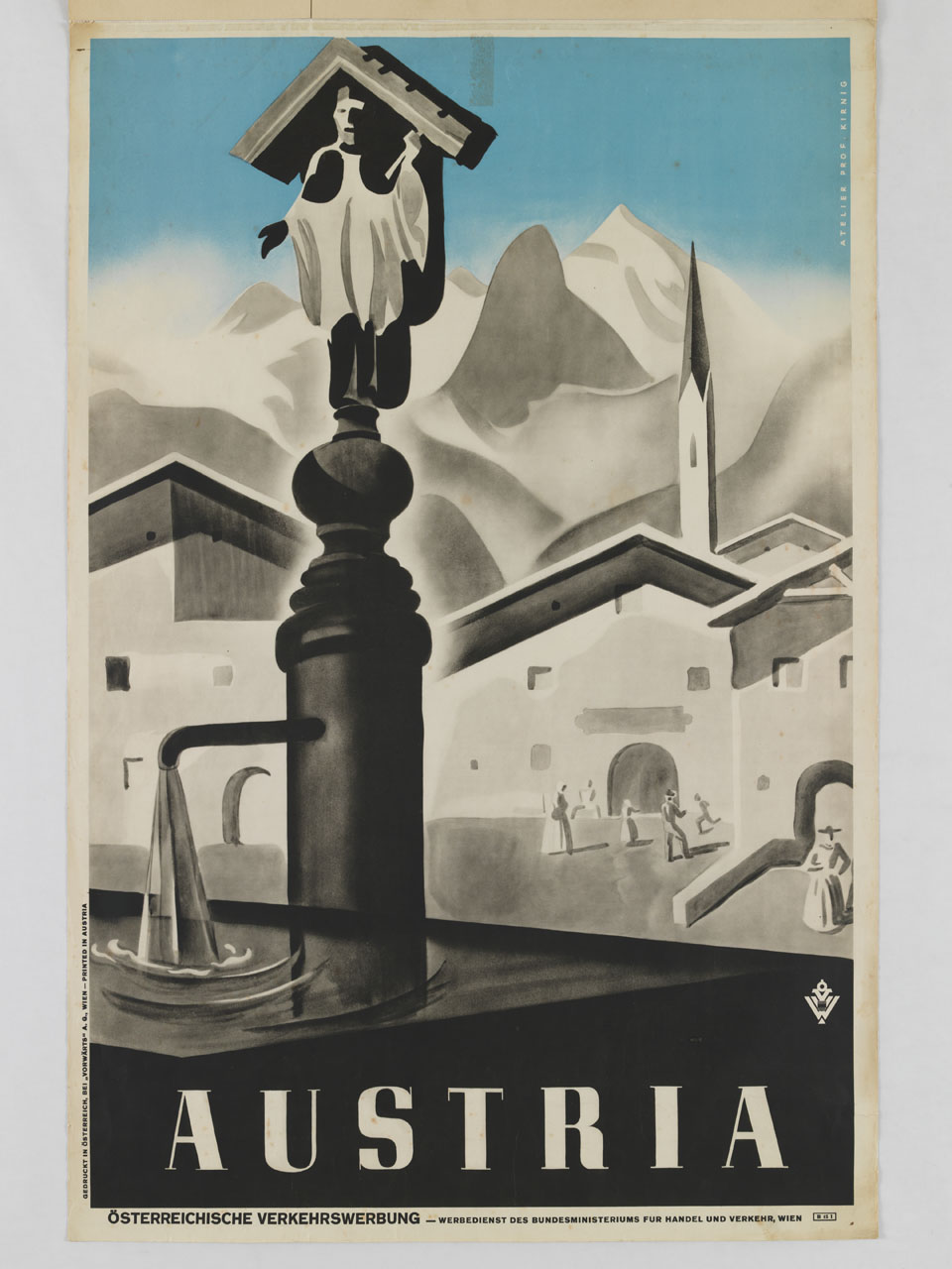 piazza di villaggio alpino con fontana e cime innevate (manifesto) di Atelier Kirnig (sec. XX)