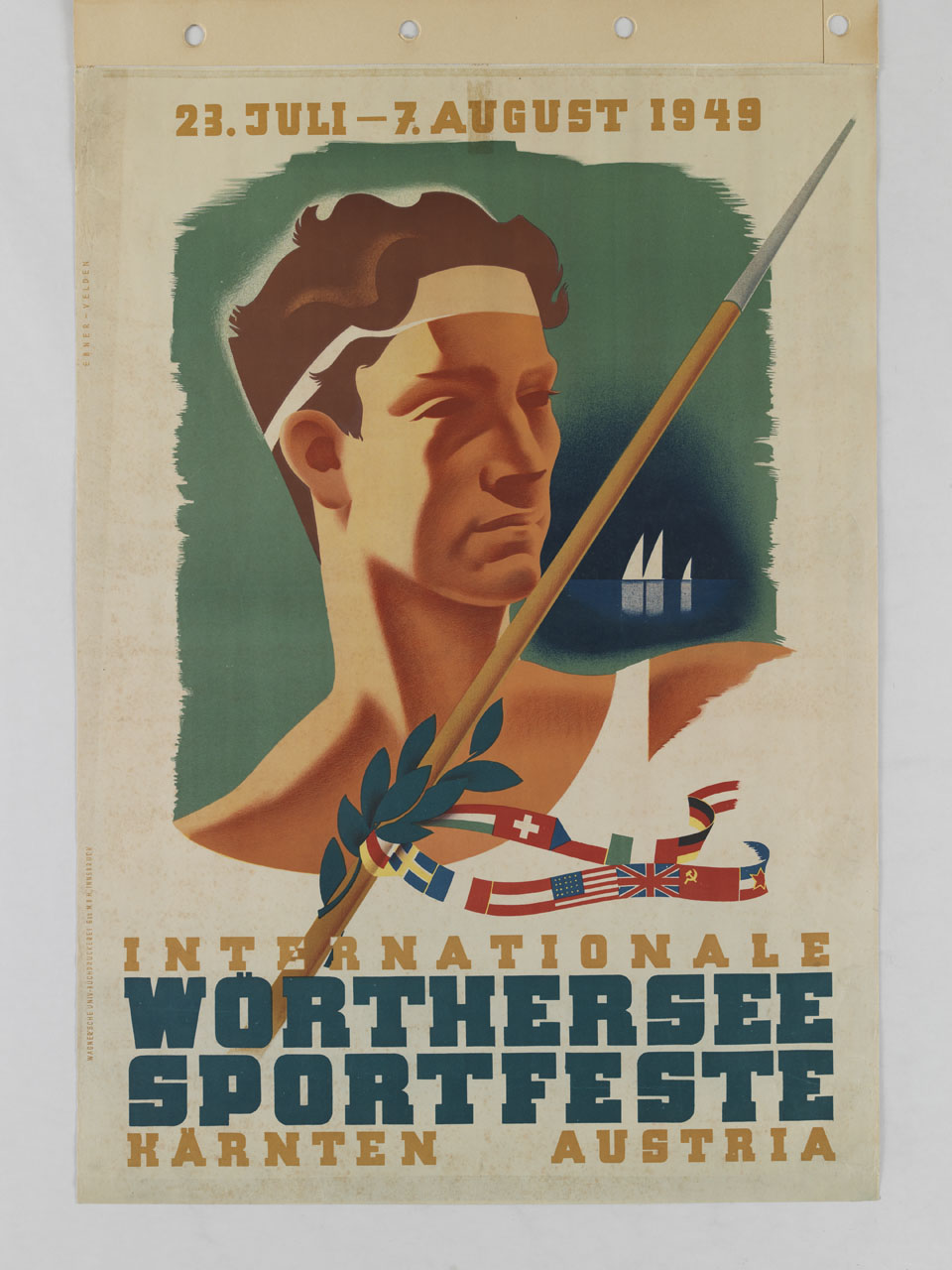 lanciatore di giavellotto con ramo di alloro e nastro di bandiere (manifesto) di Ebner Heinrich (sec. XX)