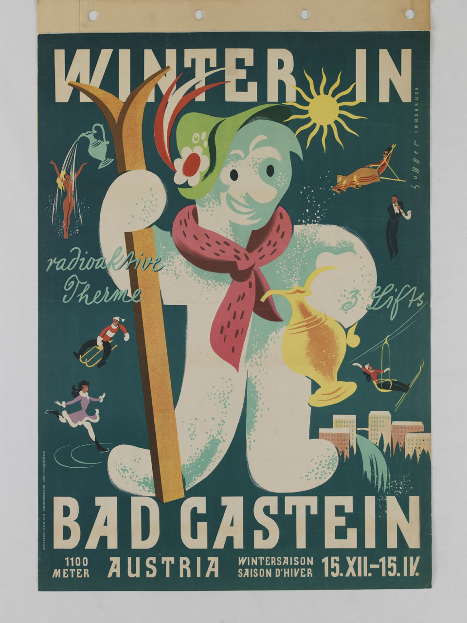 pupazzo di neve animato con sci e lanterna magica mostra le attrazioni di Bad Gastein (manifesto) di Sommer Karl (sec. XX)