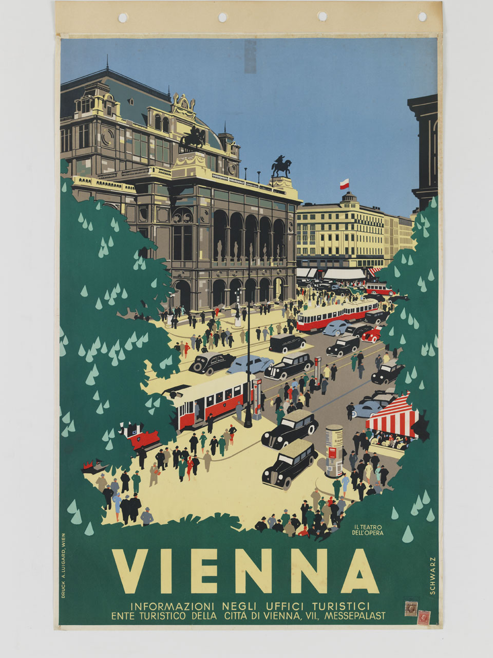 il Teatro dell'Opera di Vienna con traffico e passanti tra i rami degli ippocastani (manifesto) di Schwarz Kurt (sec. XX)