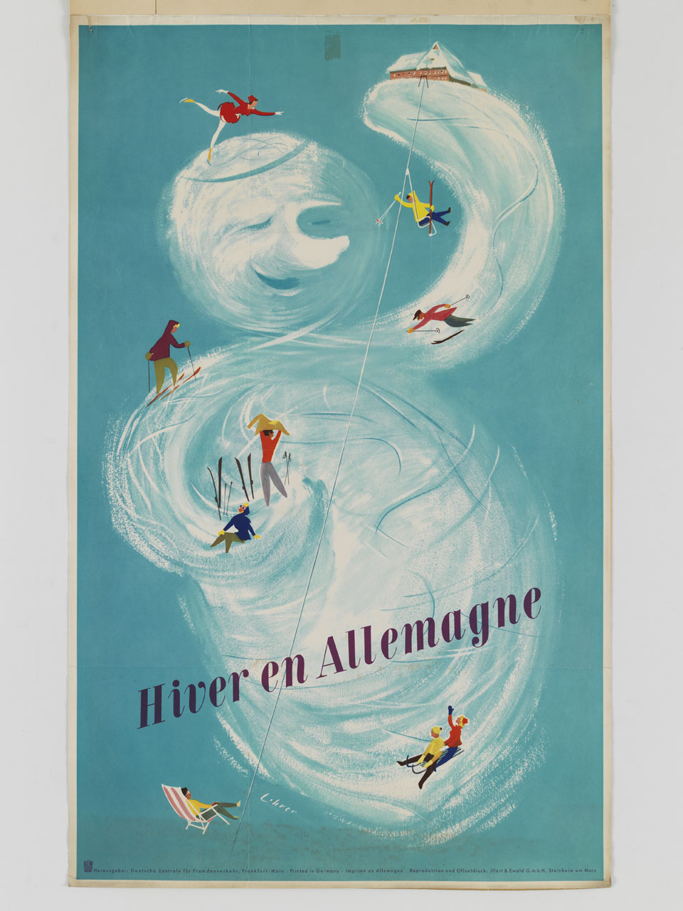 sciatori, turisti e danzatrice sul ghiaccio animano il corpo di un grande pupazzo di neve (manifesto) di Lihrer - ambito tedesco (sec. XX)
