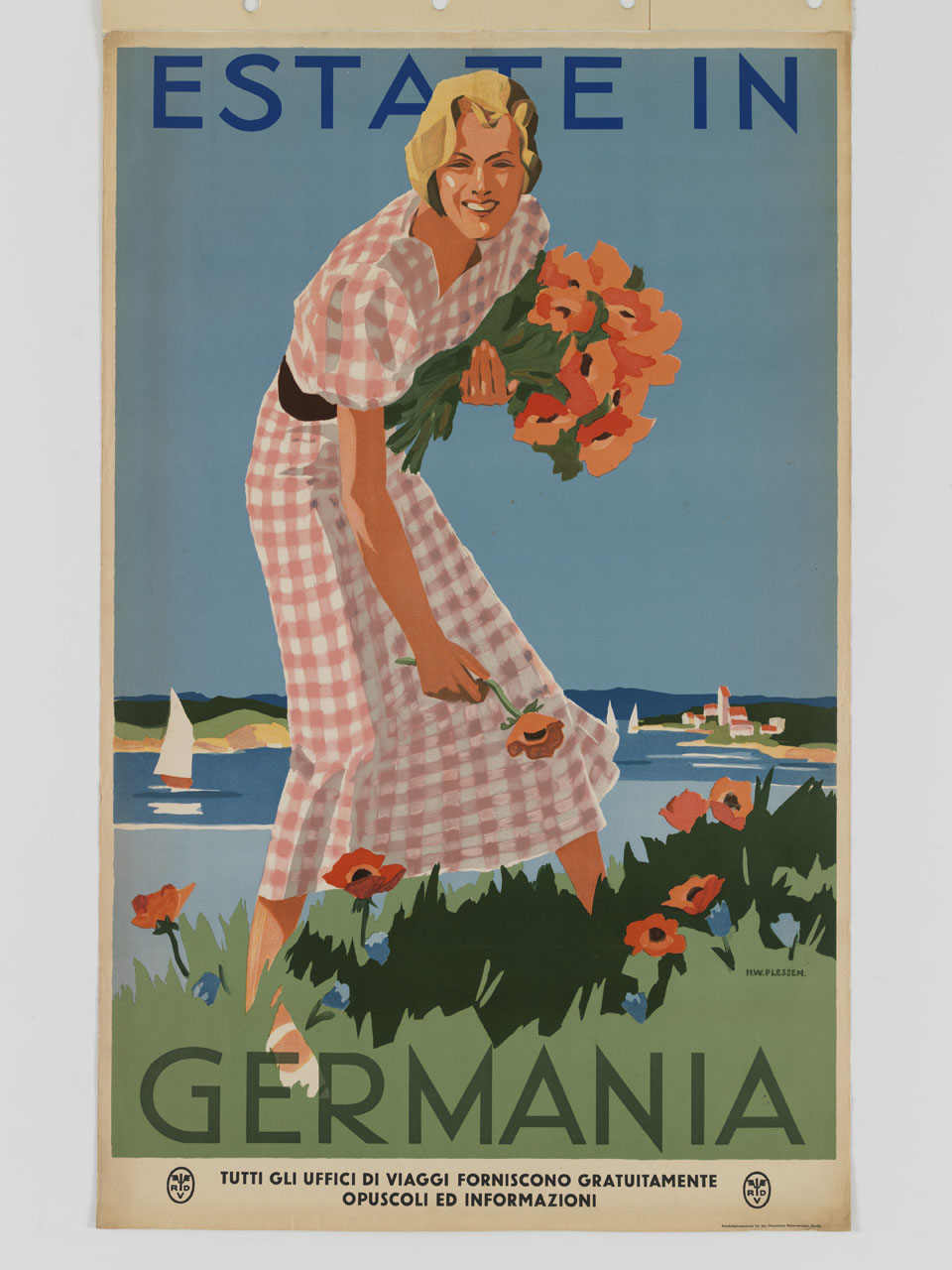 donna con vestito a quadri raccoglie fiori sul margine di un vasto specchio d'acqua (manifesto) di Plessen H.W - ambito tedesco (sec. XX)