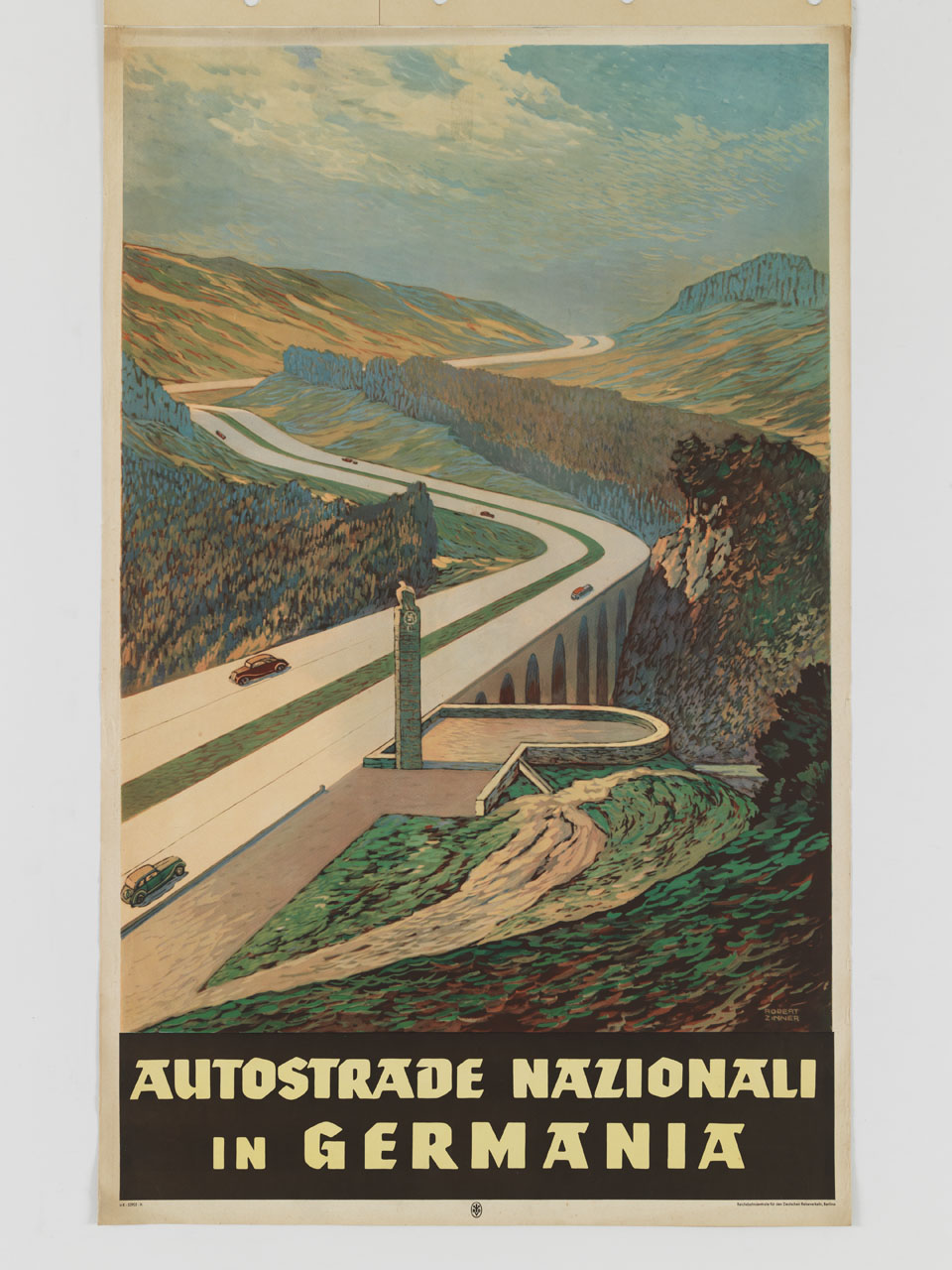sviluppo di un viadotto autostradale tra le montagne con obelisco con aquila e svastica (manifesto) di Zinner Robert (sec. XX)