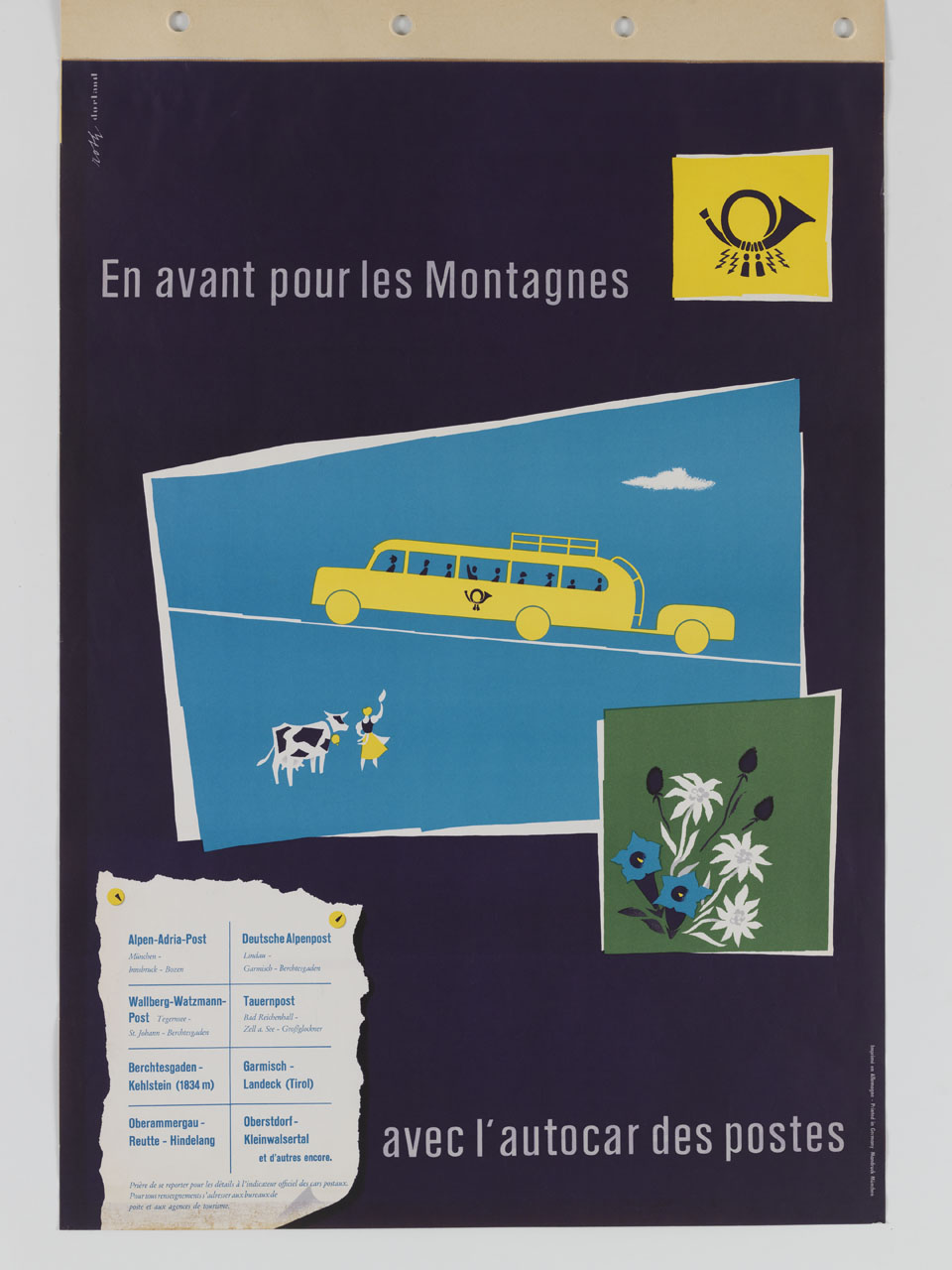 pullman postale giallo salutato da una contadina con una vacca (manifesto) di Roth Richard (sec. XX)