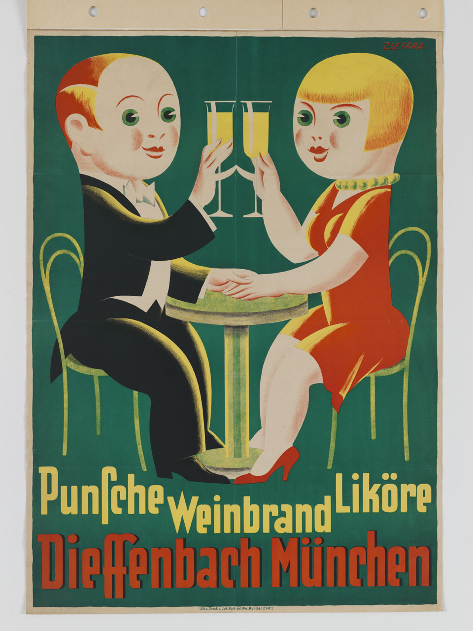 uomo e donna in abito da sera brindano tenendosi la mano (manifesto) di Zietara Valentin (sec. XX)