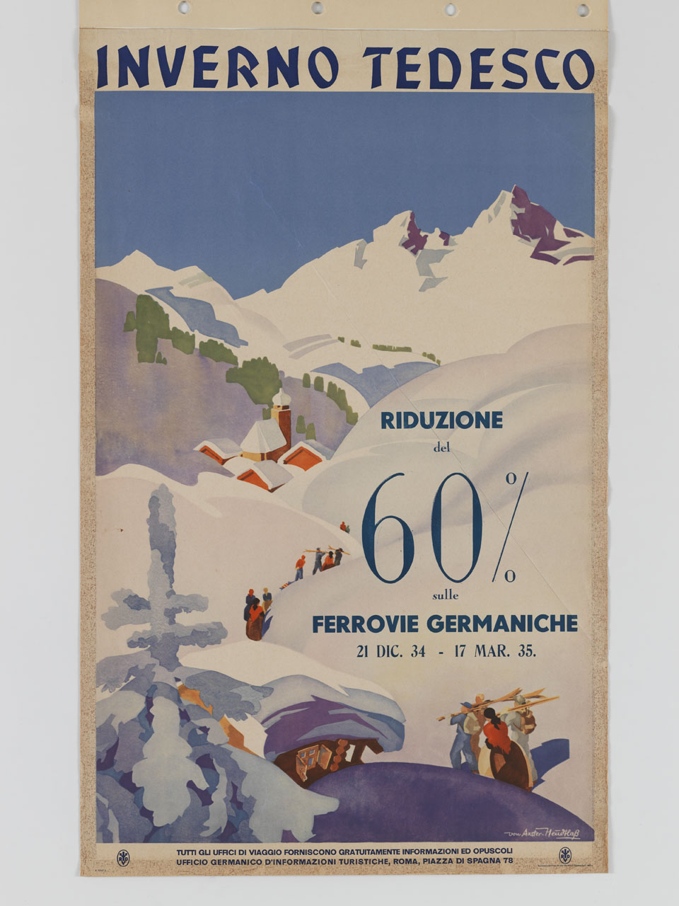 donne e uomini con sci attraversano un paesaggio montano innevato (manifesto) di Werner Heudtlass (sec. XX)