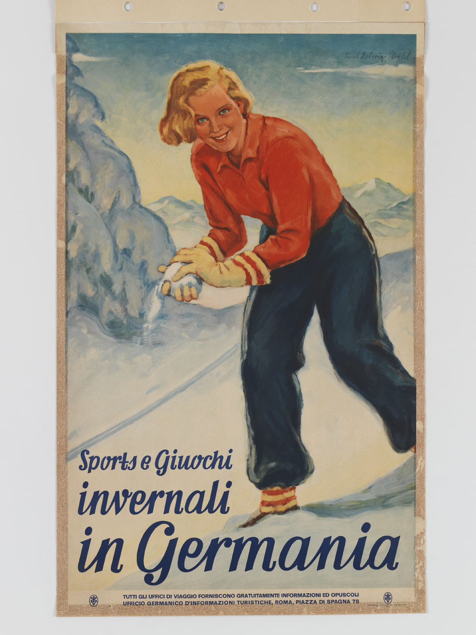 donna sorridente gioca a palle di neve su un campo innevato (manifesto) di Helwig-Strehl Paul (sec. XX)
