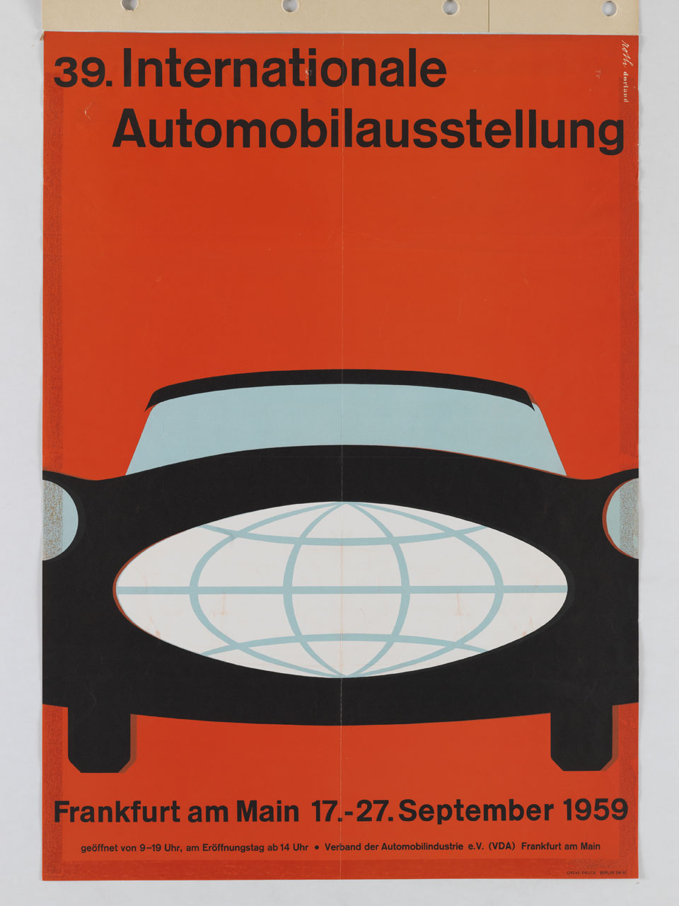 automobile vista frontalmente con radiatore a foggia di planisfero (manifesto) di Roth Richard (sec. XX)