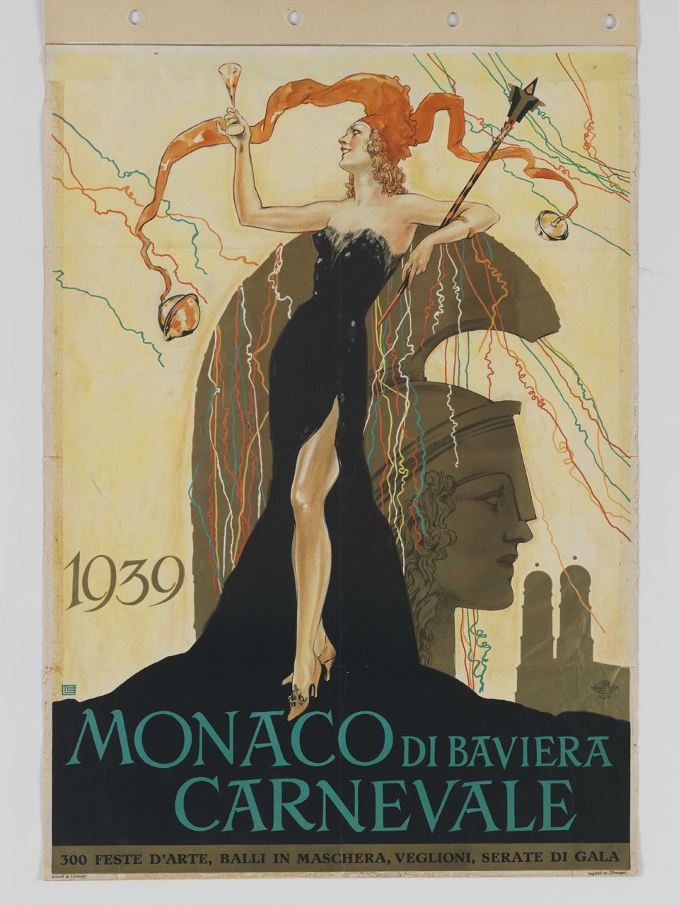 donna in abito da sera con cappello e scettro da giullare solleva un calice tra stelle filanti (manifesto) di Ehrenberger Ludwig Lutz (sec. XX)