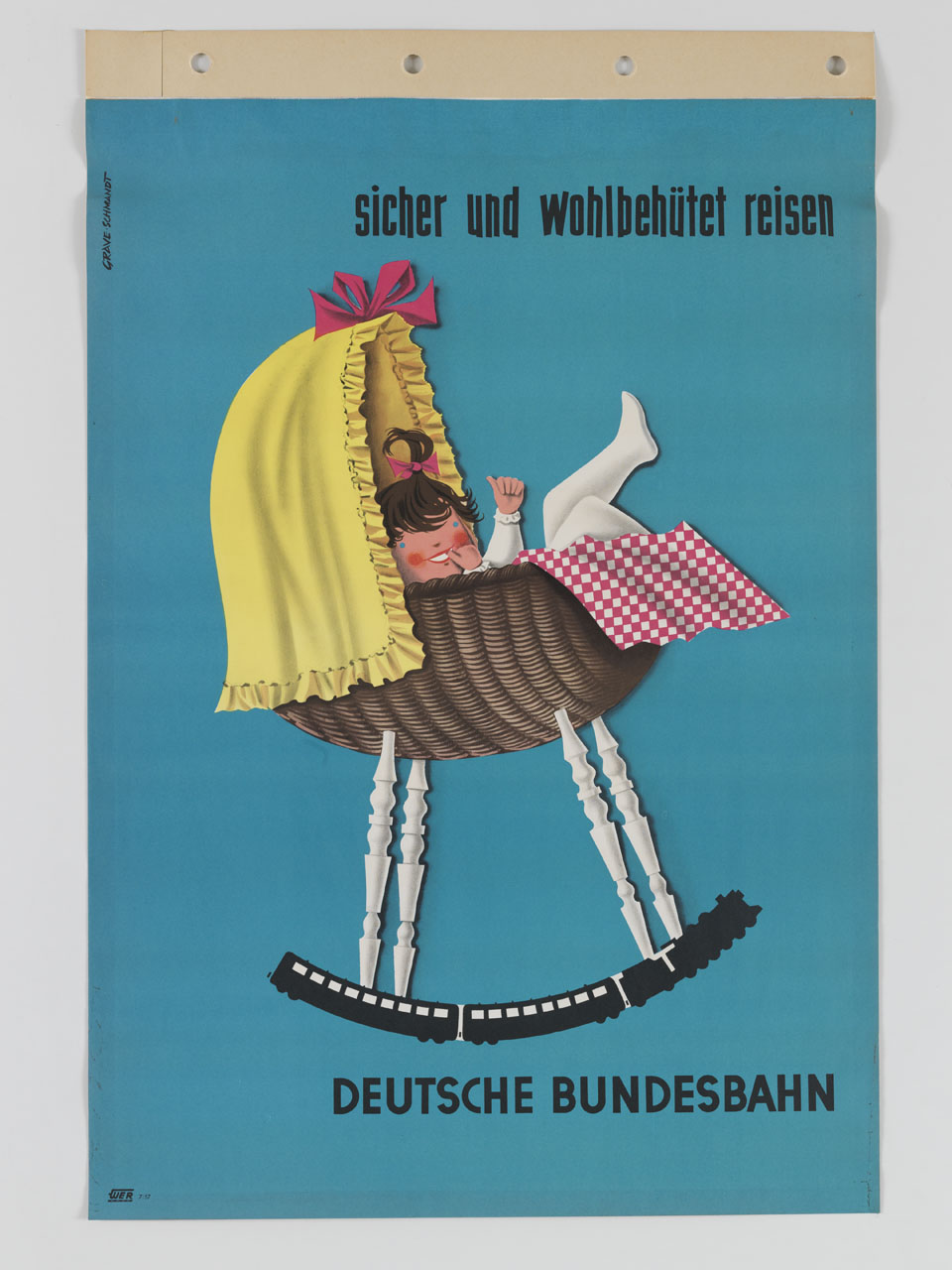 bambina si dondola in una culla con arco a forma di treno (manifesto) di Grave-Schmandt Hans (sec. XX)