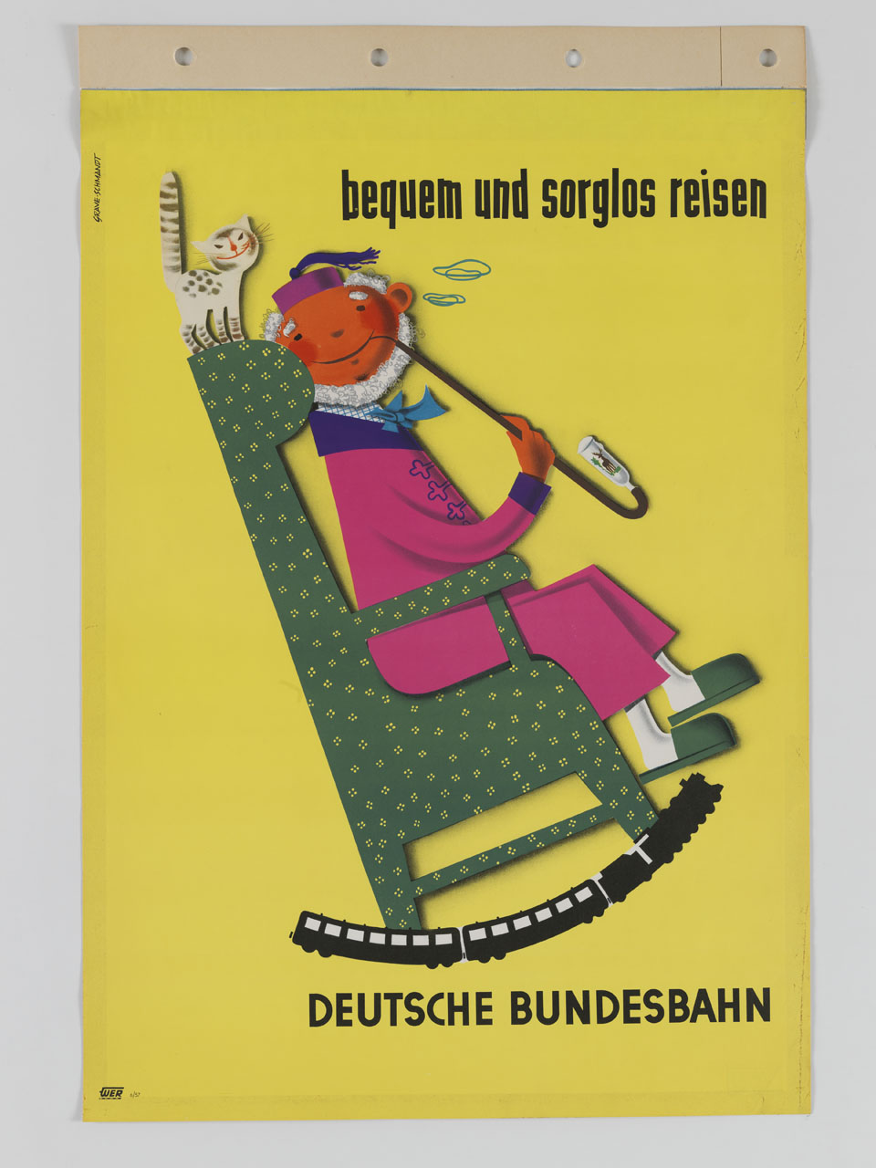 anziano turco in vestaglia fuma la pipa su una sedia a dondolo con arco a forma di treno (manifesto) di Grave-Schmandt Hans (sec. XX)