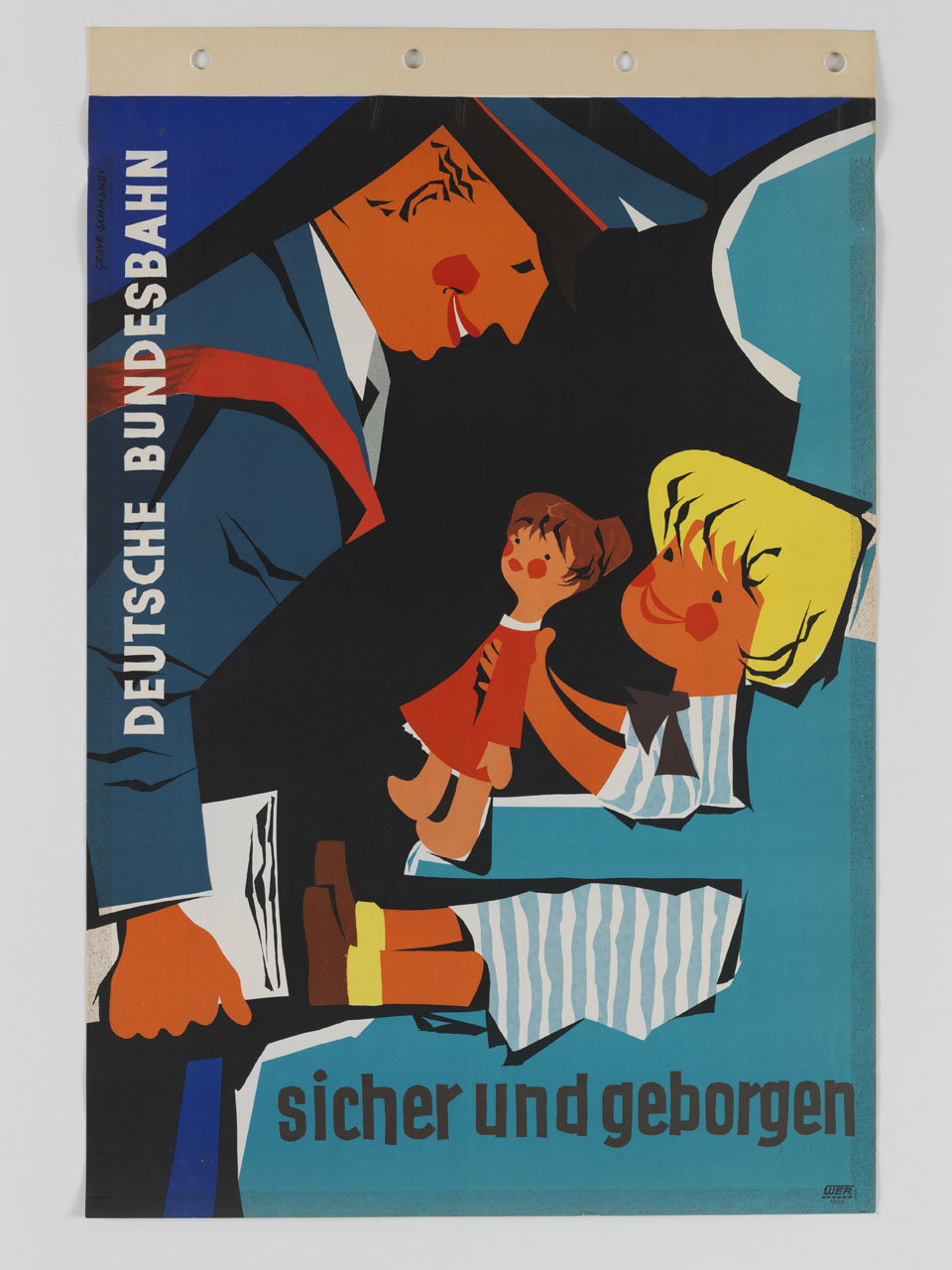 bambina seduta sulla poltrona di un treno mostra la sua bambola a un capotreno (manifesto) di Grave-Schmandt Hans (sec. XX)