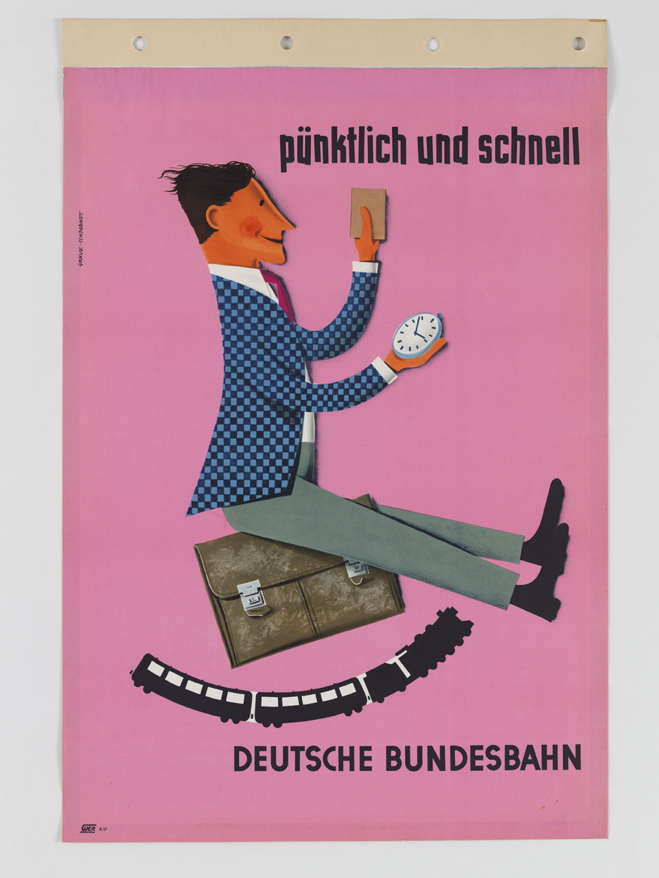 uomo controlla l'orologio a cavallo di una ventiquattrore su di un arco a forma di treno (manifesto) di Grave-Schmandt Hans (sec. XX)