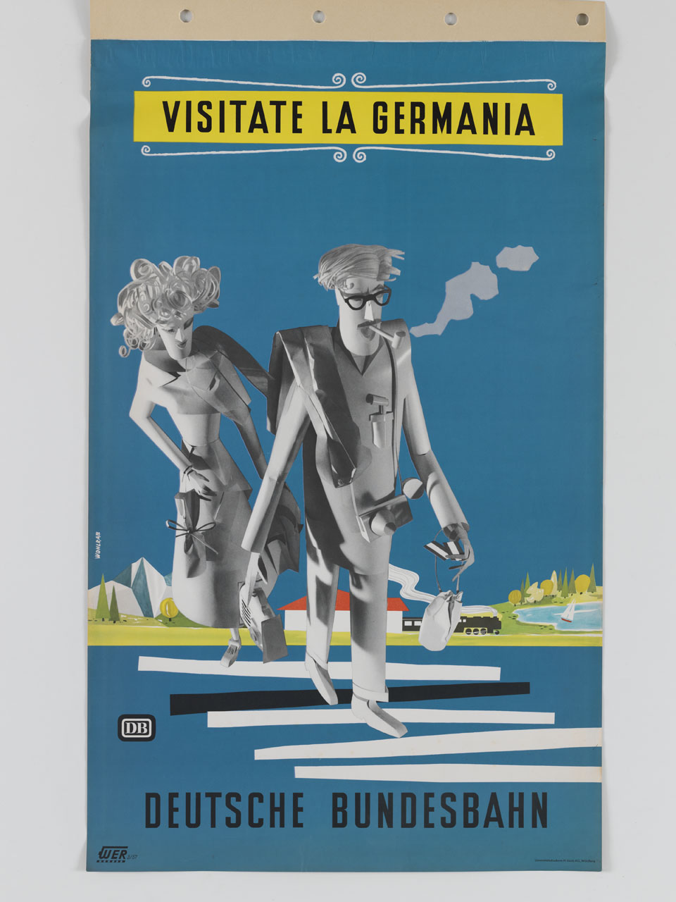 uomo e donna sagomati in carta attraversano una strada nei pressi di una stazione dei treni (manifesto) di Wohlrab Hans (sec. XX)