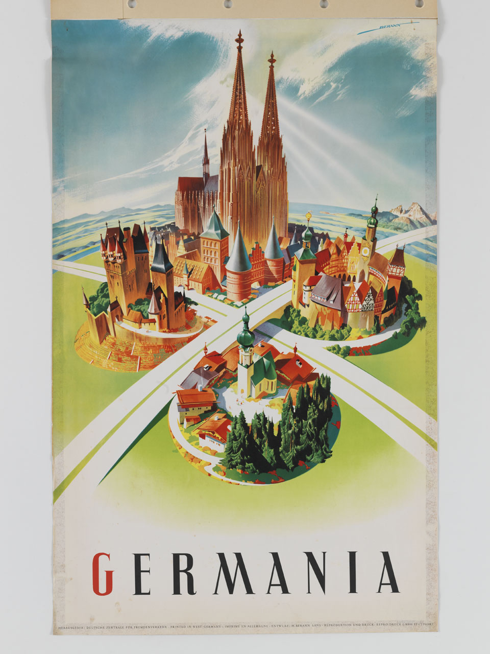 quattro città tedesche separate da un crocevia di strade (manifesto) di Berann Heinrich C (terzo quarto sec. XX)