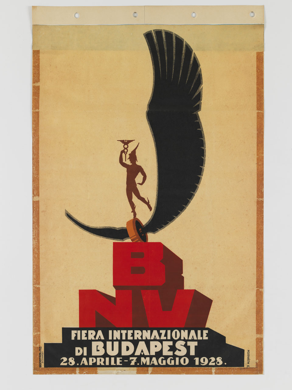 sagoma di Hermes su ruota alata sopra le lettere BNV (manifesto) di Horváth Endre (sec. XX)