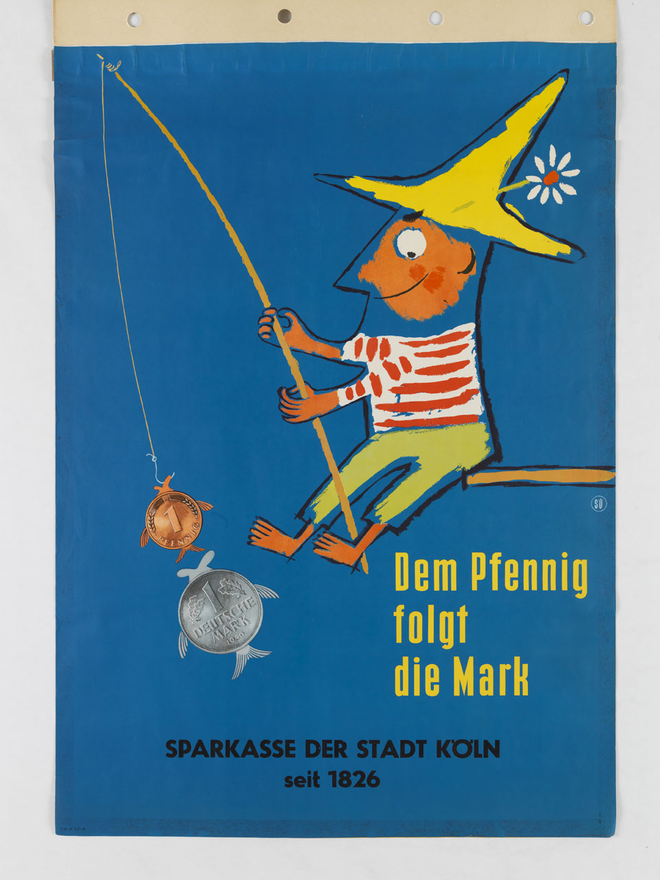 pescatore cattura con la lenza un pesce a forma di pfennig seguito da uno a forma di marco tedesco (manifesto) di Traimer Heinz (sec. XX)