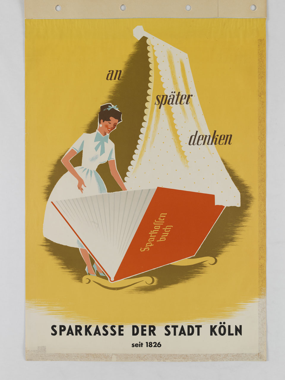 donna sorride accanto a una culla formata da un libretto di risparmio (manifesto) - ambito tedesco (sec. XX)
