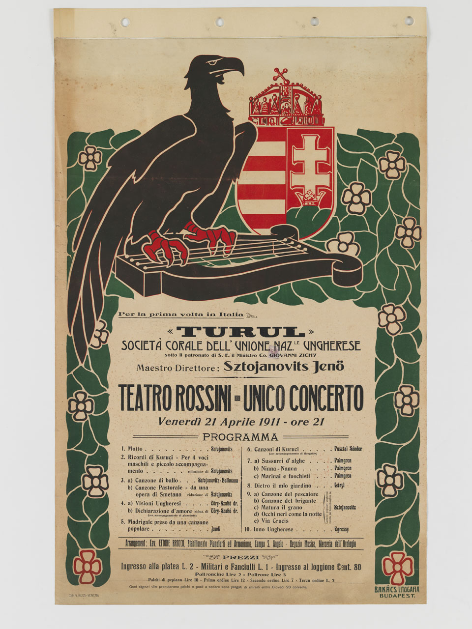 falco nero appostato su una lira accanto allo stemma d'Ungheria (manifesto) - ambito ungherese (sec. XX)