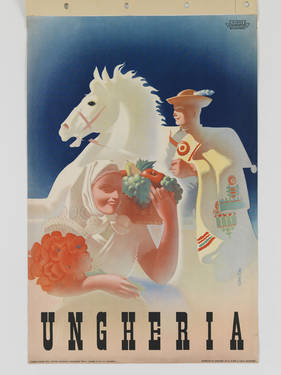 donna con cesto di frutta e fiori e uomo a cavallo in abiti tradizionali (manifesto) di Konecsni György (sec. XX)