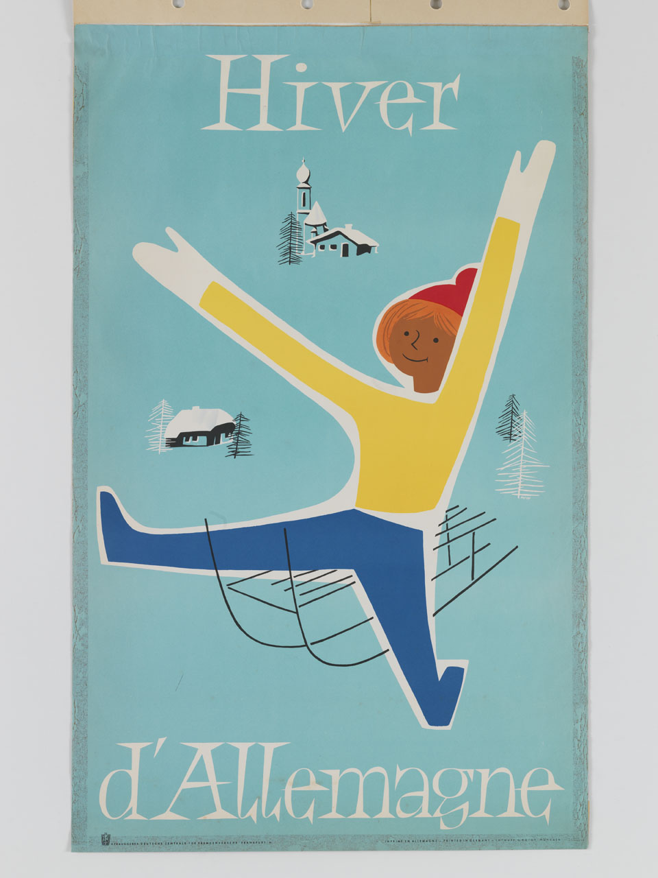 bambina scende su una slitta sullo sfondo di una baita e di una chiesa (manifesto) di Lohrer Hanns - ambito tedesco (sec. XX)