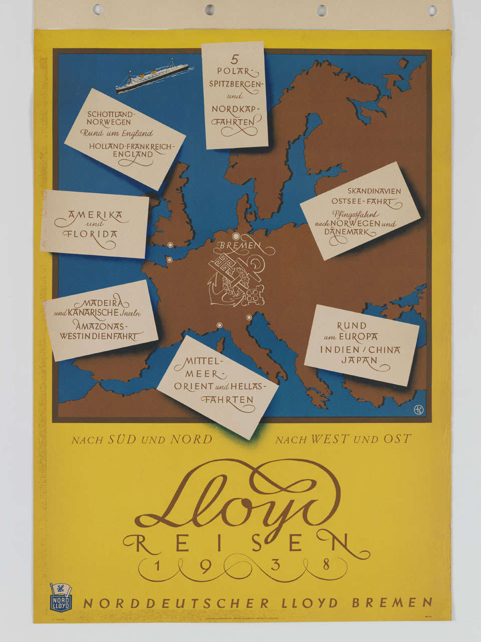 piroscafo e biglietti con varie destinazioni gravitano attorno al marchio NDL posto al centro dell'Europa (manifesto) - ambito tedesco (sec. XX)
