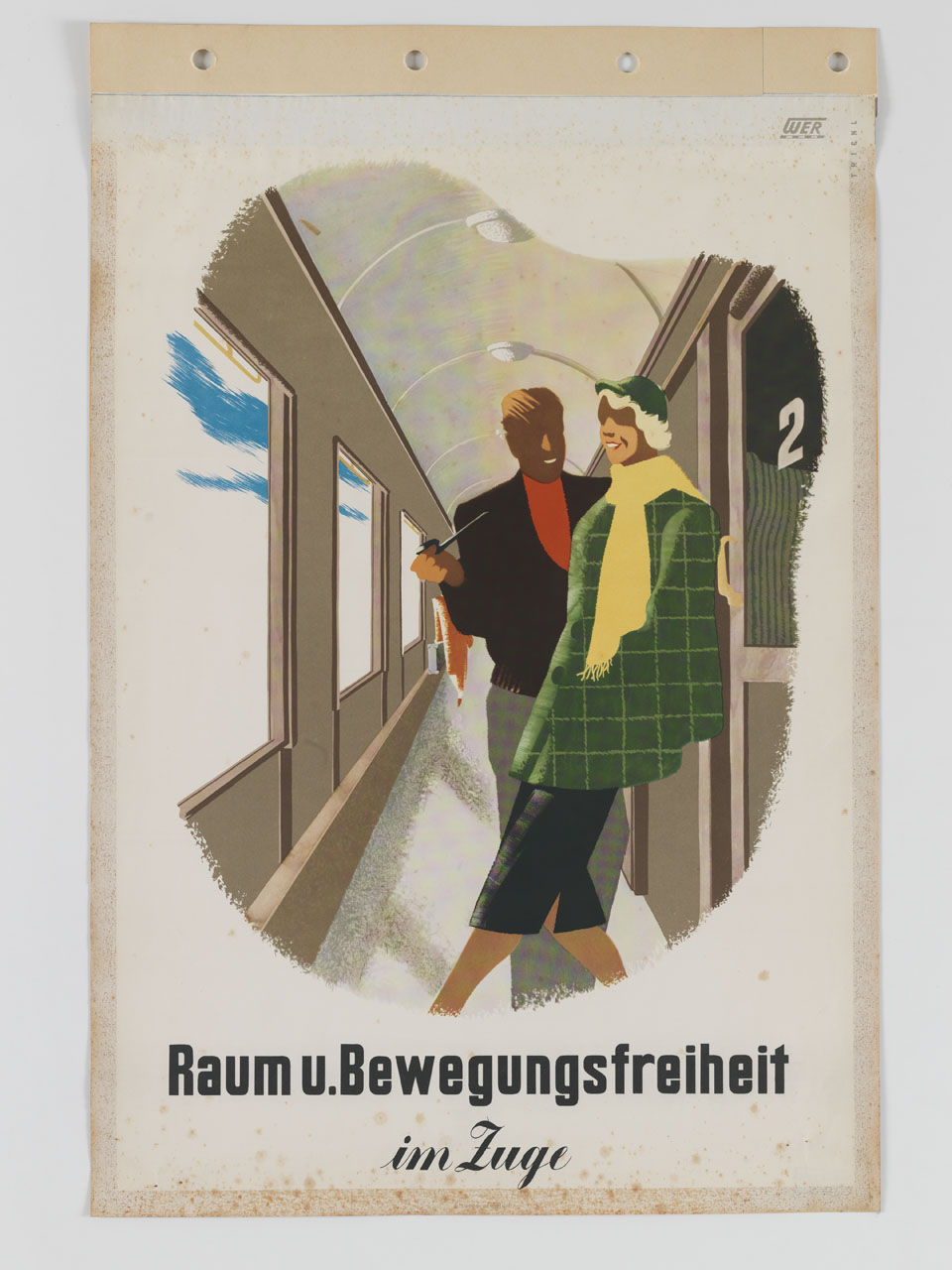 donna e uomo con la pipa lungo il corridoio di un treno (manifesto) di Trickl - ambito tedesco (sec. XX)