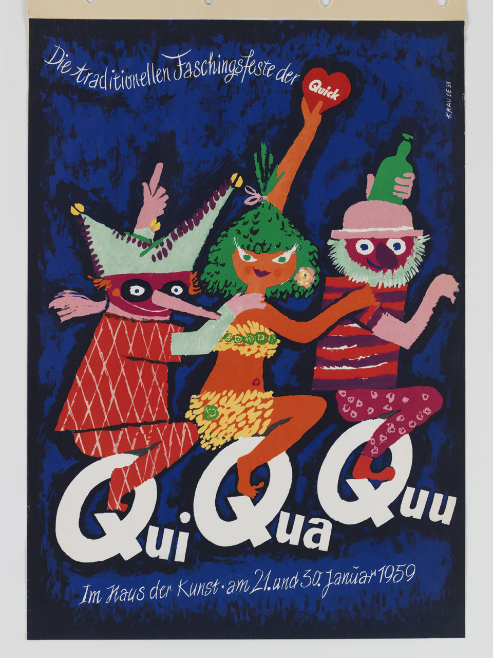 tre maschere di Carnevale a cavalcioni della scritta Qui Qua Quu (manifesto) di Krause (sec. XX)