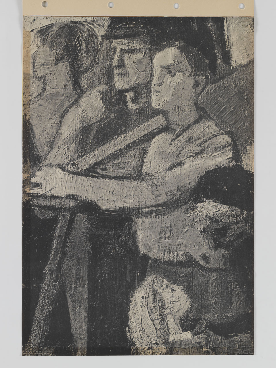 dipinto raffigurante figure maschili e una vecchia ricurva verso una bambina (stampa) (sec. XX)