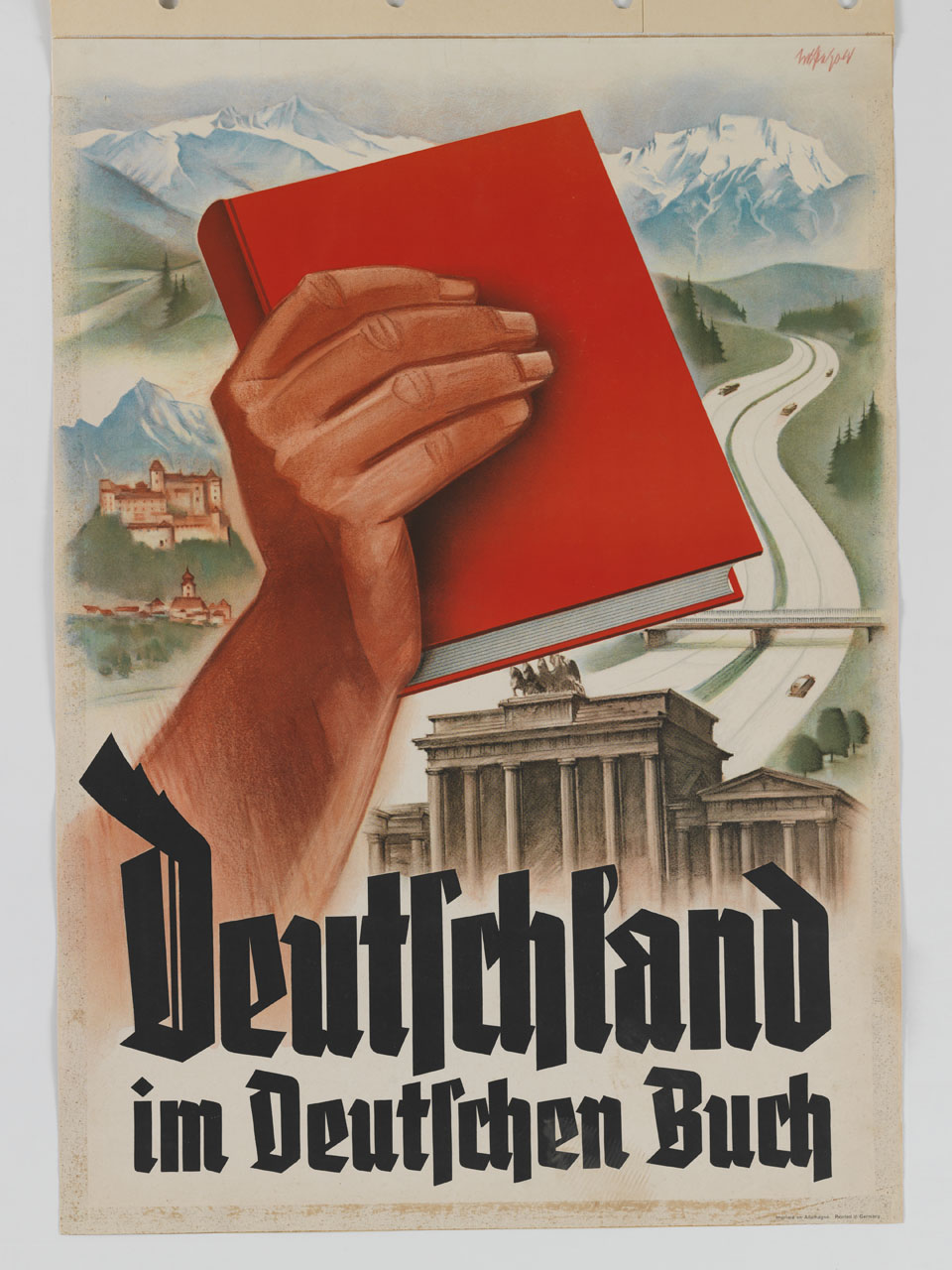 mano impugna un libro rosso sullo sfondo di monumenti tedeschi (manifesto) di Petzold Willy - ambito tedesco (sec. XX)