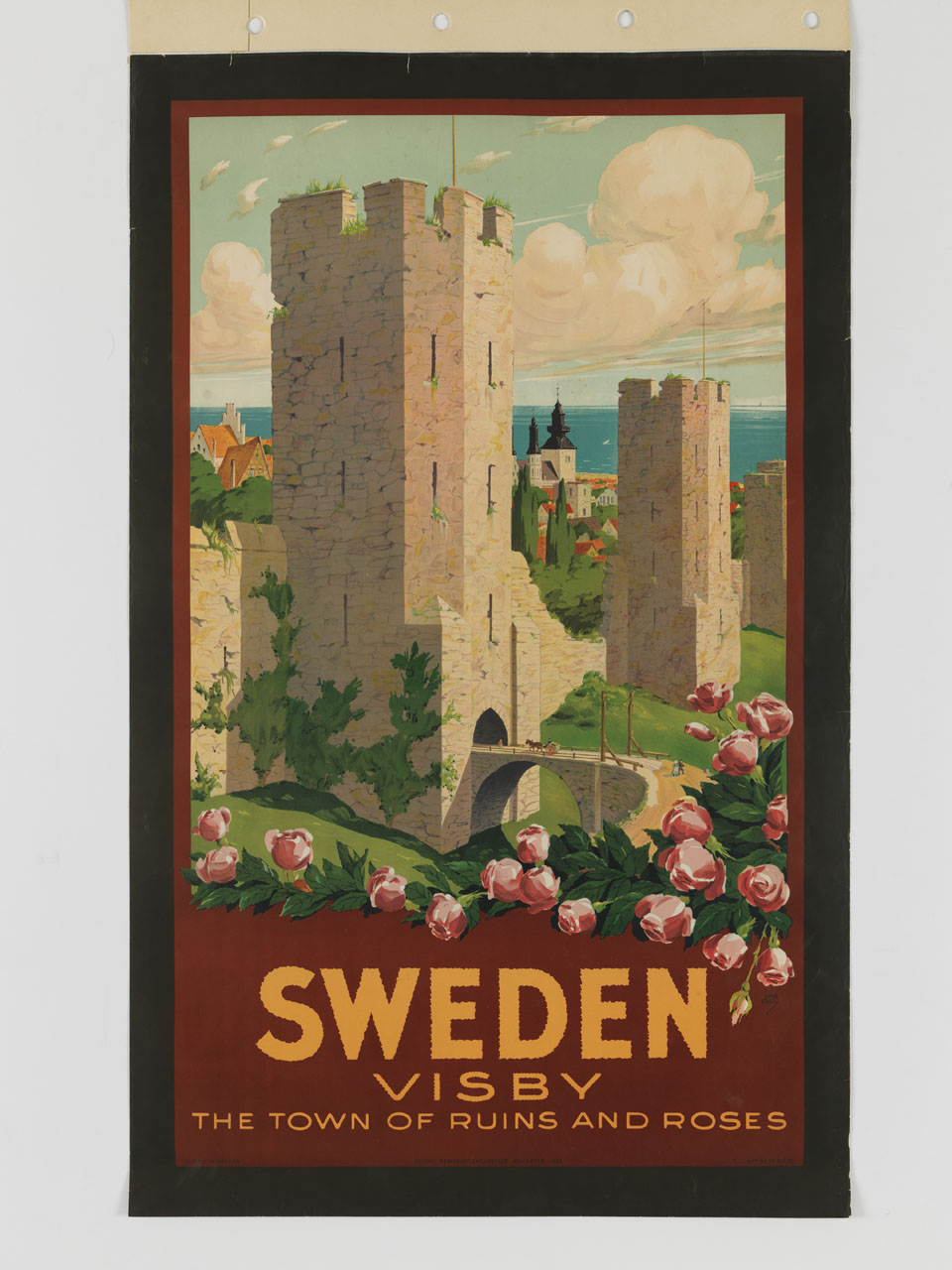 la cinta muraria di Visby tra rose in fiore (manifesto) di Gull Ivar (sec. XX)