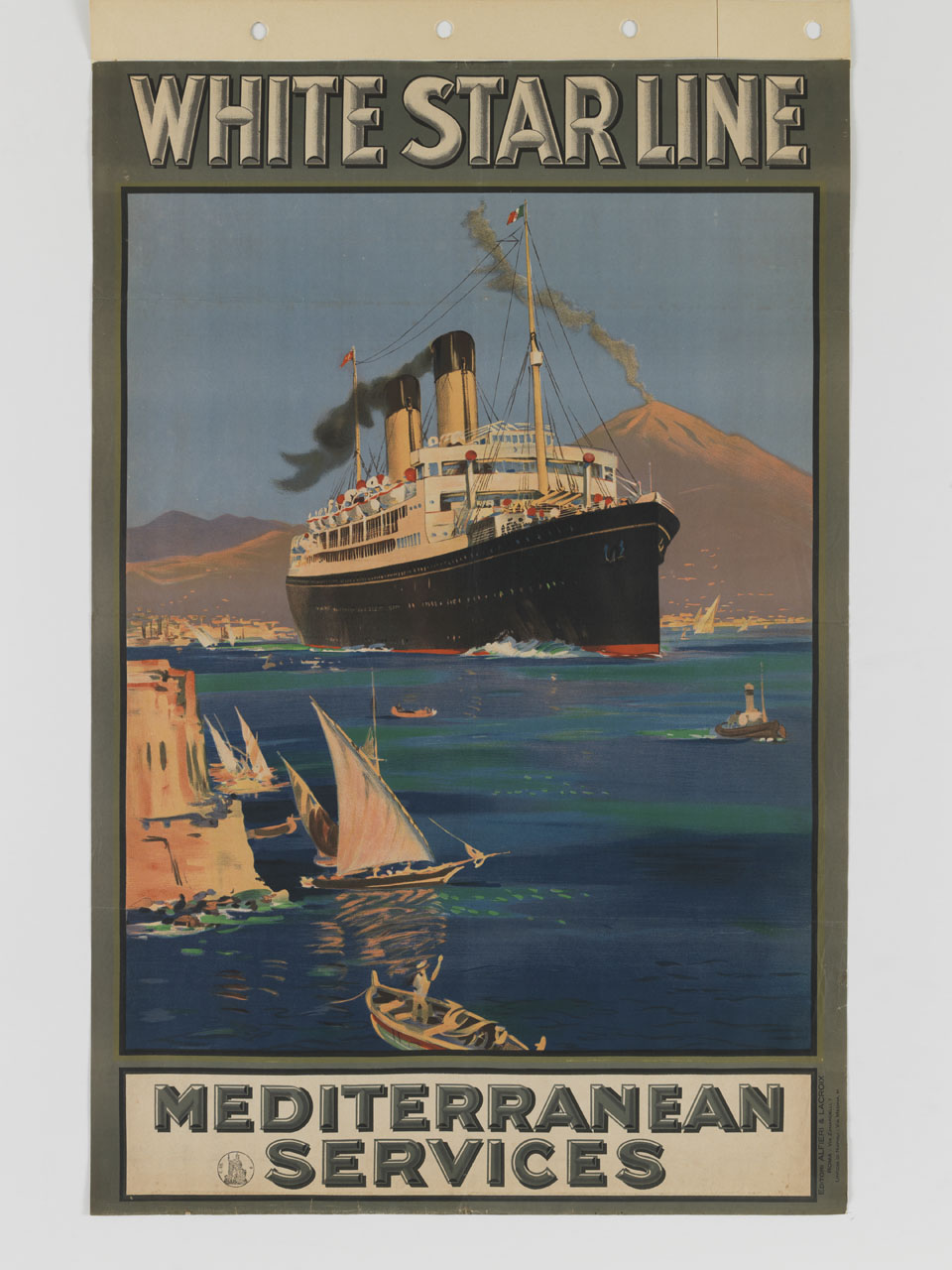 nave da crociera lascia Napoli sullo sfondo del Vesuvio (manifesto) - ambito italiano (sec. XX)