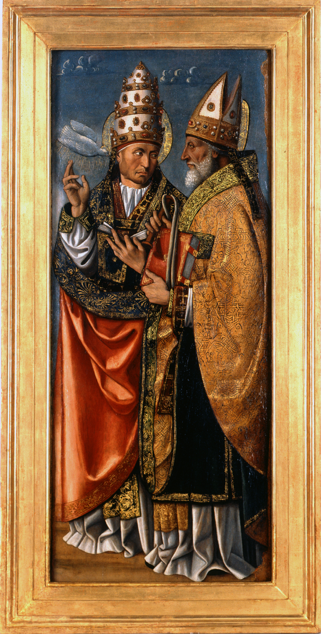 San Gregorio Magno e Sant'Ambrogio (dipinto, opera isolata) di De Alladio Giovanni Giacomo detto Macrino d'Alba (inizio sec. XVI)
