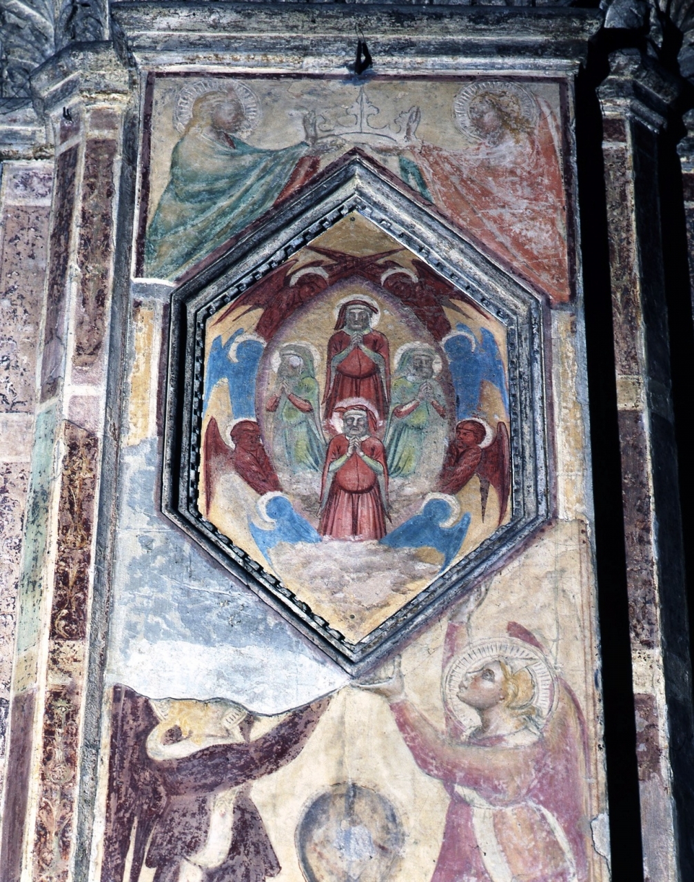 Santi Quattro Coronati circondati da cherubini e serafini (dipinto murale staccato) di Ambrogio di Baldese, Smeraldo di Giovanni (inizio sec. XV)