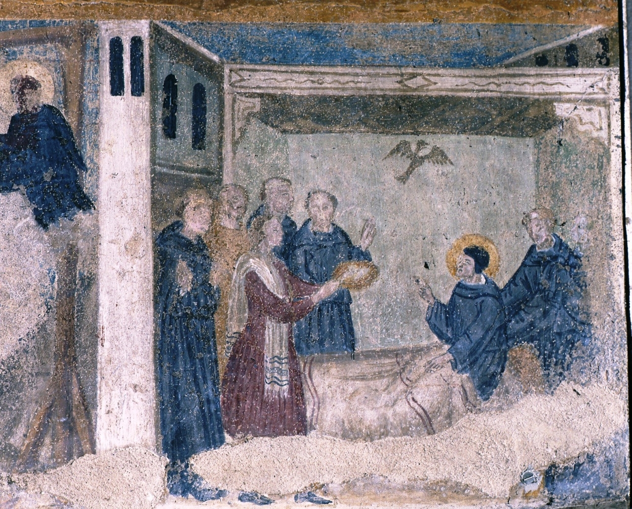San Niccolò da Tolentino resuscita una pernice arrosto (dipinto murale) - scuola fiorentina (sec. XV)