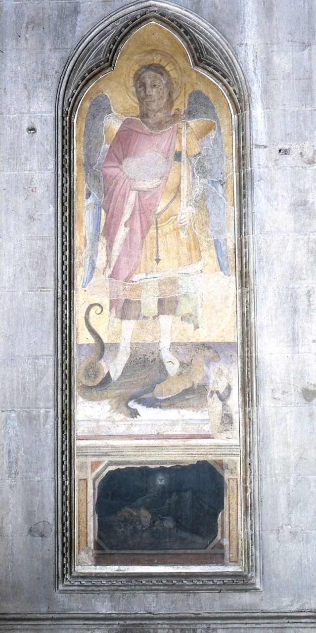 San Michele Arcangelo/ apparizione di San Michele Arcangelo sul monte Gargano (dipinto murale staccato) - ambito fiorentino (sec. XIV)