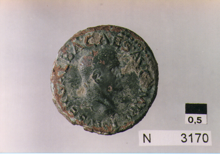 R: testa di Galba nuda a destra/ V: figura femminile seduta a sinistra sutrono con scettro verticale nella sinistra e ramoscello nella destra (o patera(?)) (moneta, asse) (sec. I d.C)