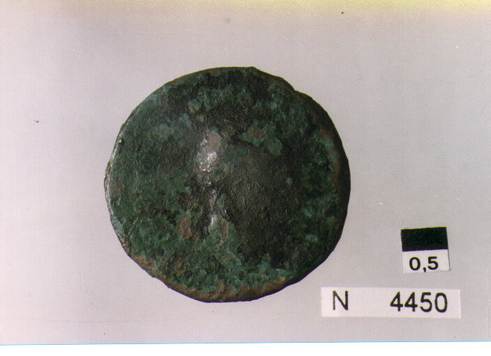 R: testa di Domiziano (?) a destra/ V: figura maschile eroica stante (Giove (?)) (moneta, asse) (sec. I d.C)