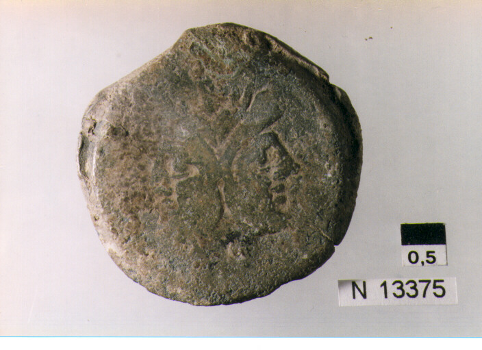 R: testa laureata di Giano sormontata dal segno del valore I/V: prora dinave a destra, sotto Roma (moneta, asse) (sec. III a.C)