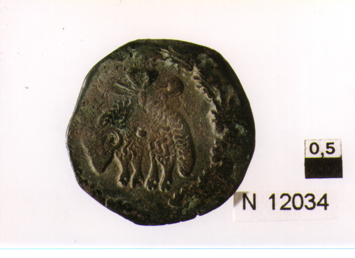 R/ busto corazzato volto a sinistra; V/ tosone sospeso da un nastro voltoa sinistra, entro corona di quercia (moneta, tornese) (sec. XVII d.C)