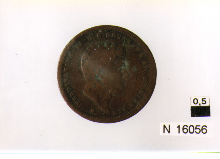 R/ testa del re barbuta volta a destra sotto stella; V/ corona reale e iscrizione (moneta, due tornesi) (sec. XIX d.C)